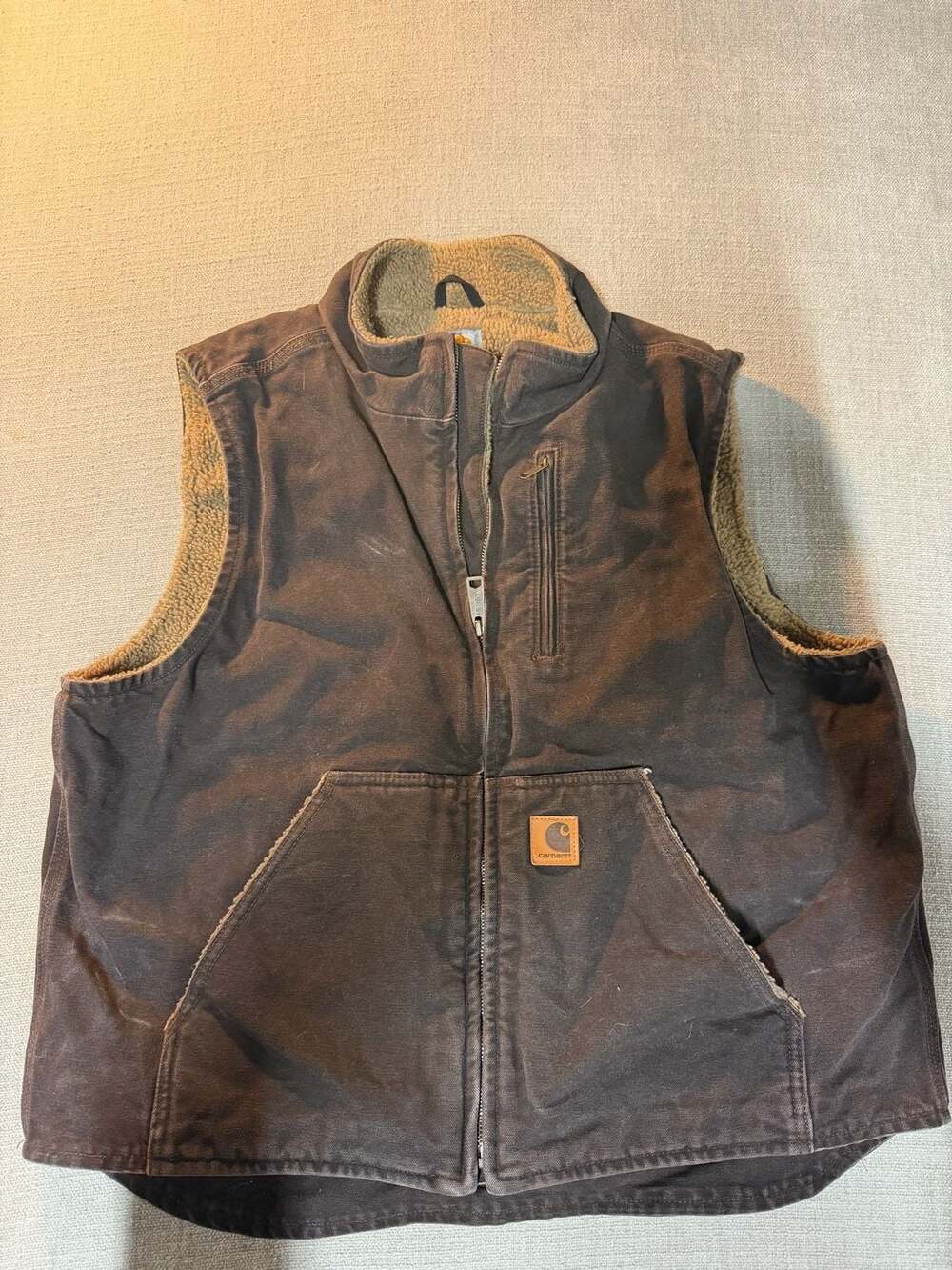 Carhartt Sherpa Lined Vest Size L Brown Canvas Full Zip Mock Neck
